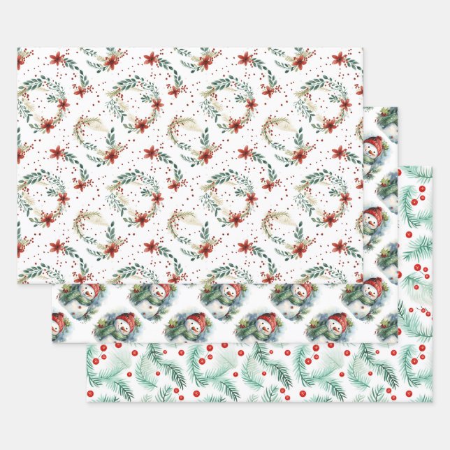 Snowmen and Christmas Holly Wrapping Paper Sheets (Set)