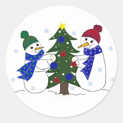 Snowmen and Christmas Tree Classic Round Sticker