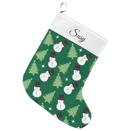 Snowmen and Christmas Tree Pattern Large Christmas Stocking