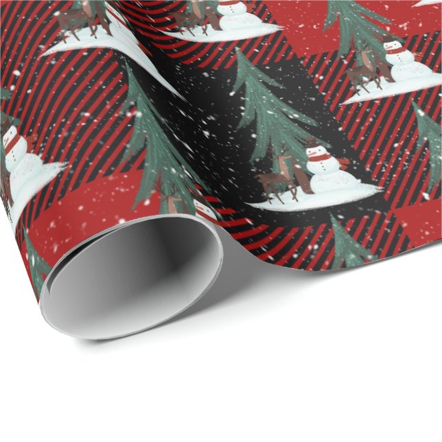 Snowmen and Deer on Plaid Wrapping Paper (Roll Corner)