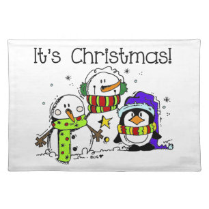 Snowmen and Penguins It's Christmas Cloth Placemat