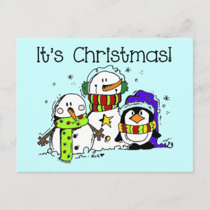 Snowmen and Penguins It's Christmas Holiday Postcard