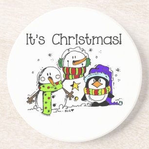 Snowmen and Penguins It's Christmas Sandstone Coaster