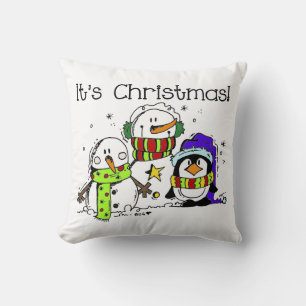 Snowmen and Penguins It's Christmas Throw Pillow