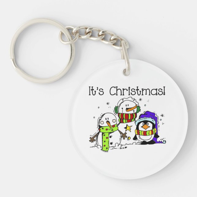 Snowmen and Penguins It's Christmas Winter Keychain (Front)