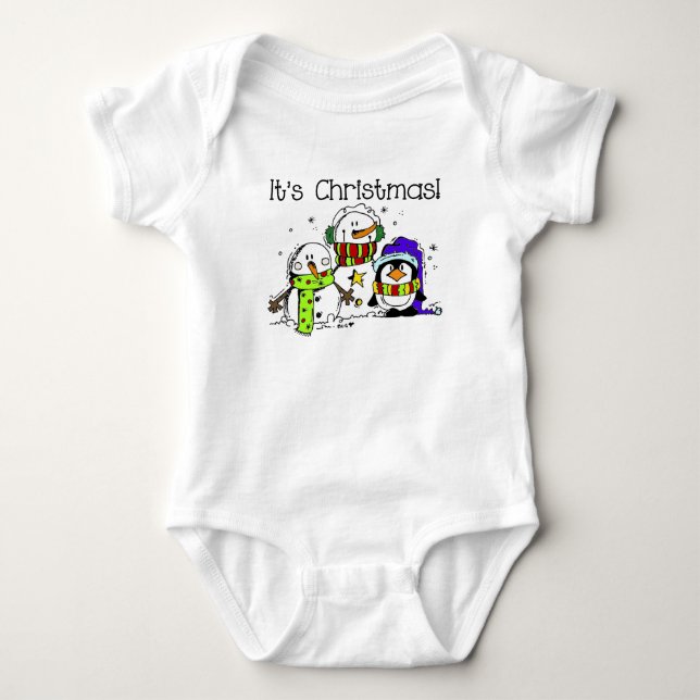Snowmen and Penguins Winter Holidays Christmas Baby Bodysuit (Front)