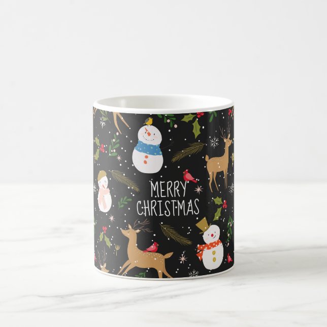 Snowmen and Reindeer Christmas Black Coffee Mug (Center)