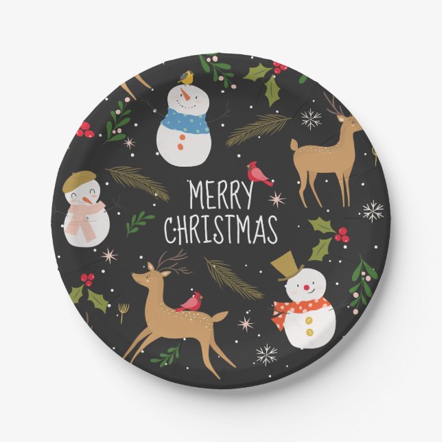 Snowmen and Reindeer Christmas Paper Plates (Front)