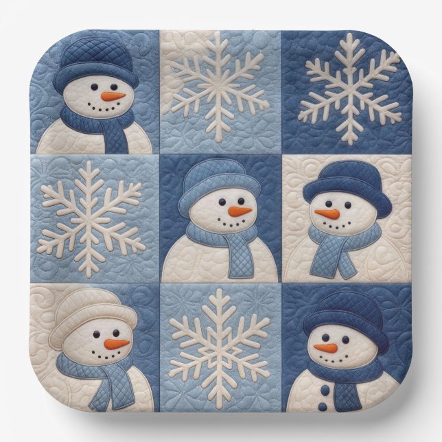 Snowmen and Snowflakes Quilt Pattern Paper Plates (Front)