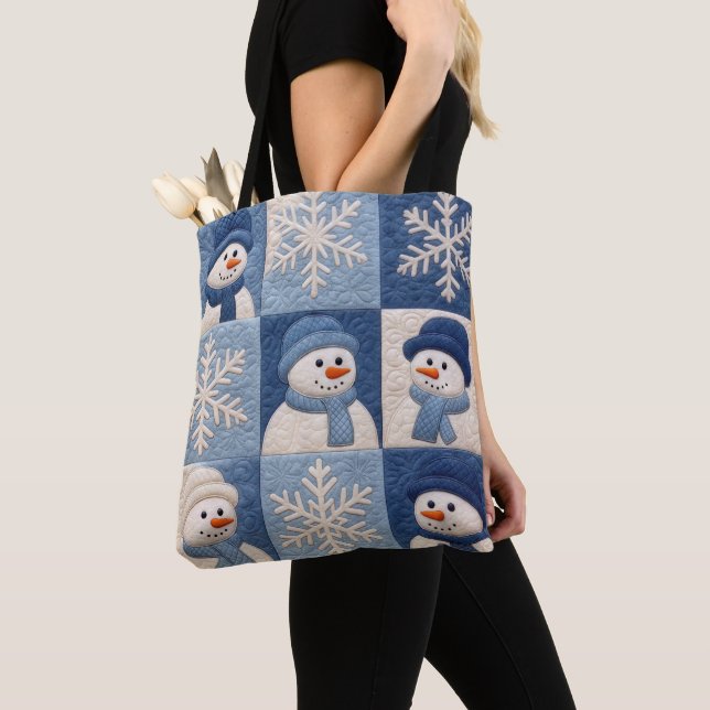 Snowmen and Snowflakes Quilt Pattern Tote Bag (Close Up)