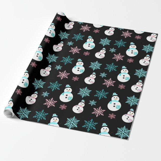 Snowmen and Snowflakes Teal and Pink Christmas Wrapping Paper (Unrolled)