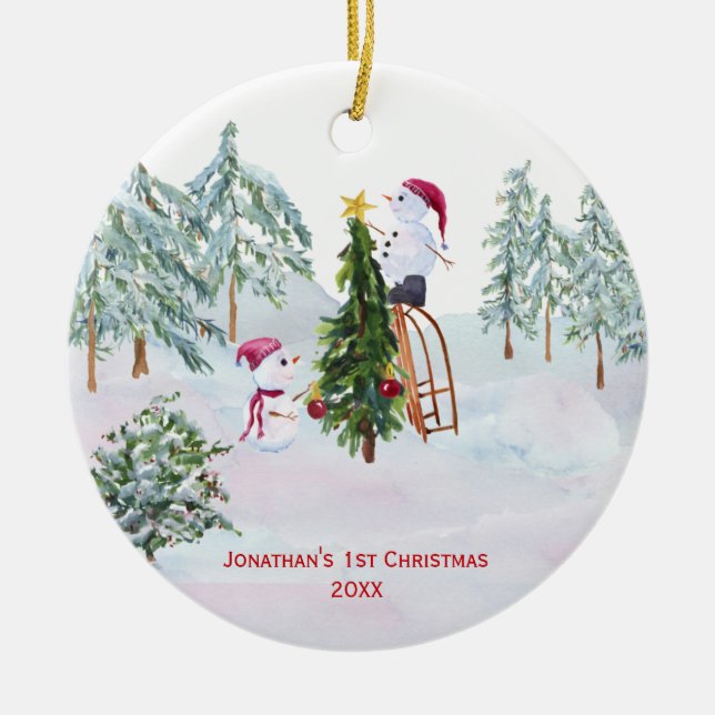 Snowmen Baby's 1st Christmas Photo Ceramic Ornament (Front)
