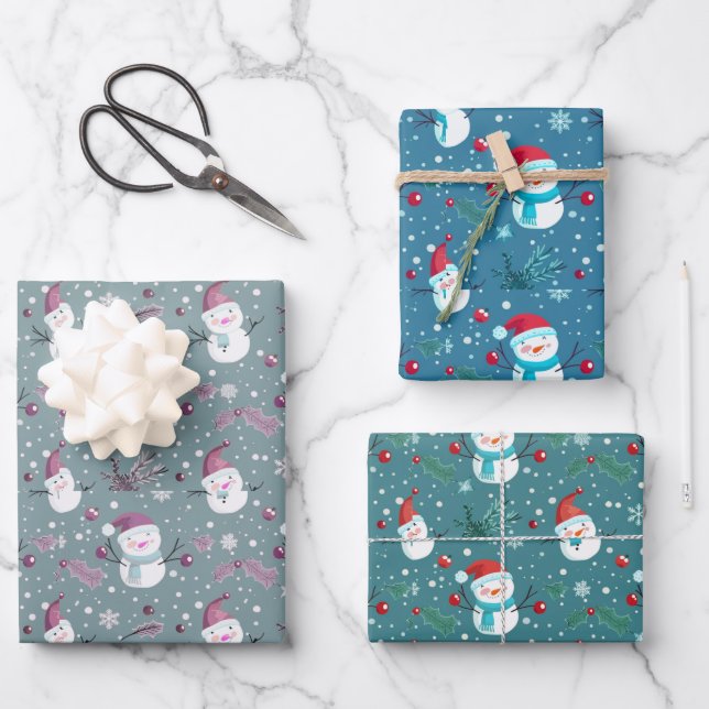 Snowmen Berries Snowflakes Christmas Wrapping Paper Sheets (Front)