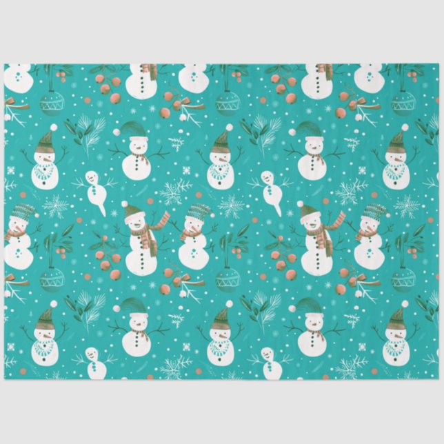 Snowmen Berries Snowflakes Greenery Christmas Tissue Paper (Front)