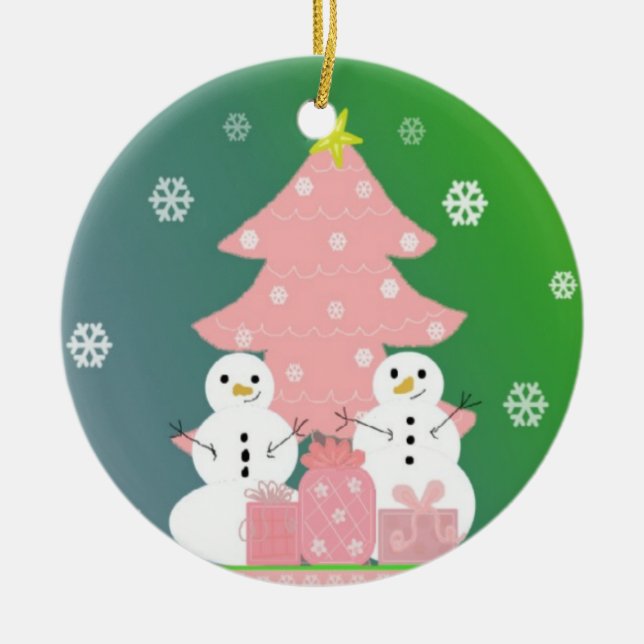 Snowmen by a Pink Christmas Tree Ceramic Ornament (Front)