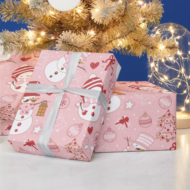 Snowmen Christmas Ornaments Gifts Pink Christmas Wrapping Paper (Holidays)