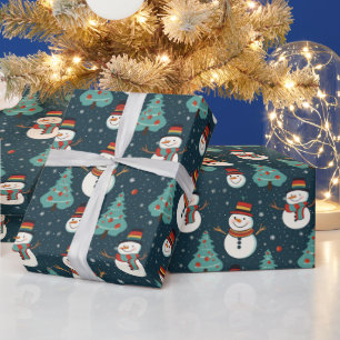 Snowmen Christmas Trees Snowflakes Green Christmas Wrapping Paper