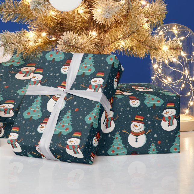 Snowmen Christmas Trees Snowflakes Green Christmas Wrapping Paper (Holidays)