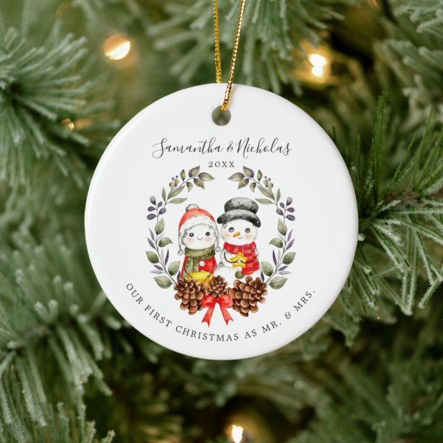 Snowmen Couple | First Christmas as Mr. & Mrs. Ceramic Ornament (Tree)