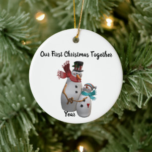 Snowmen couple hugging winter snowmen personalized ceramic ornament