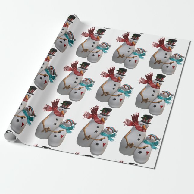 Snowmen couple hugging winter snowmen wrapping paper (Unrolled)
