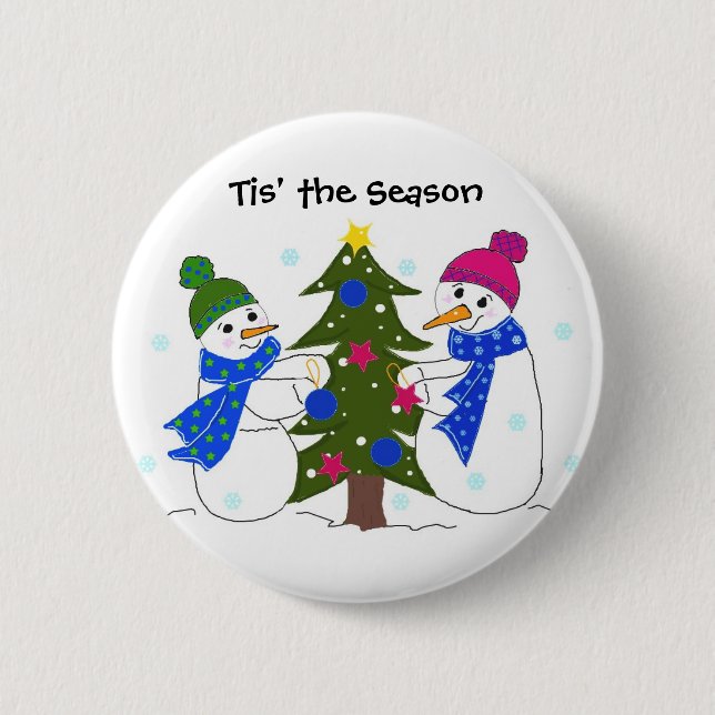 Snowmen Decorating a Christmas Tree Button (Front)