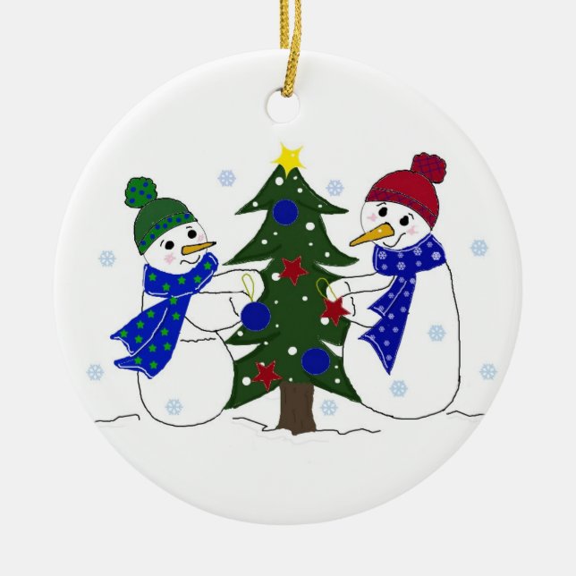 Snowmen Decorating a Christmas Tree Ceramic Ornament (Front)
