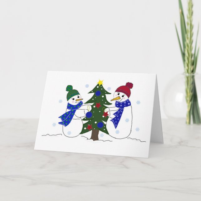 Snowmen Decorating a Christmas Tree Holiday Card (Front)