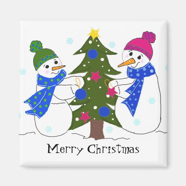 Snowmen Decorating a Christmas Tree Magnet (Front)