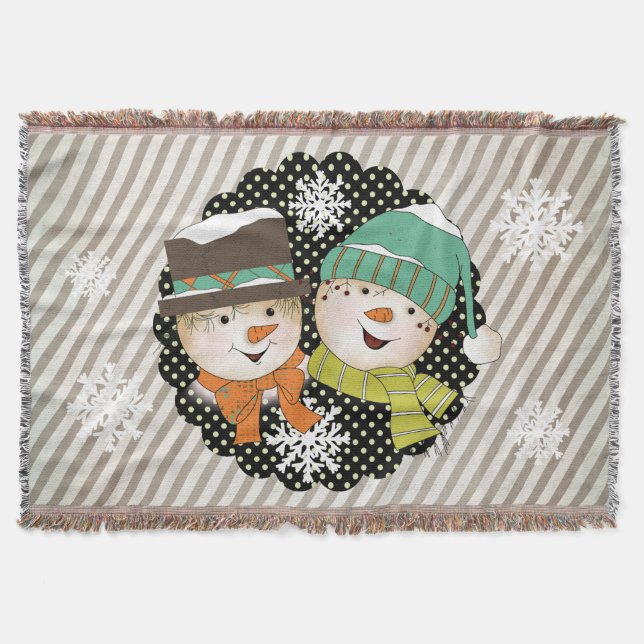 Snowmen Dots and Stripes Holiday Throw Throw Blanket (Front)