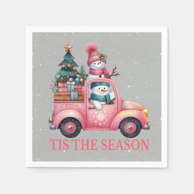Snowmen Driving Pink Truck Tree Gifts Napkins (Front)