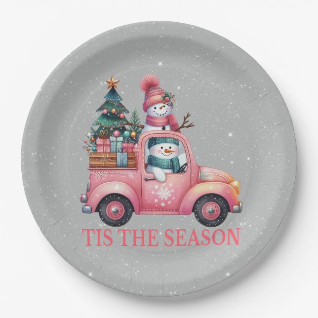 Snowmen Driving Pink Truck Tree Gifts Paper Plates (Front)