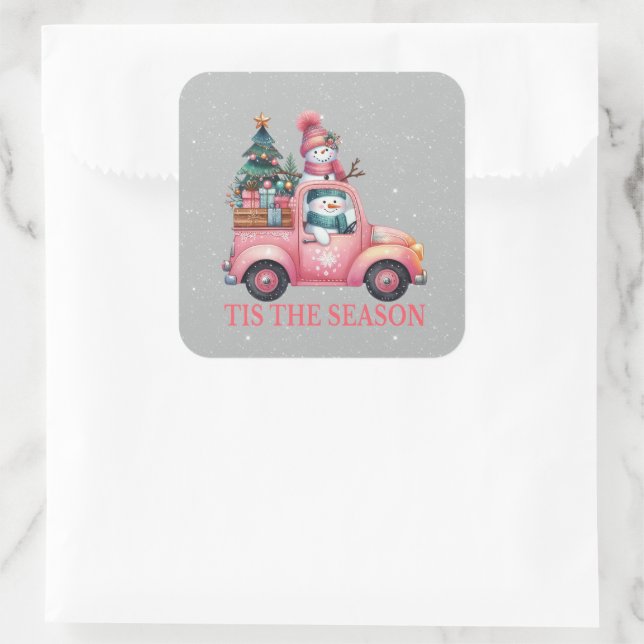 Snowmen Driving Pink Truck Tree Gifts Square Sticker (Bag)