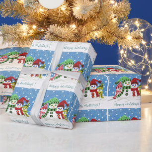 Snowmen family Happy Holidays wrapping paper