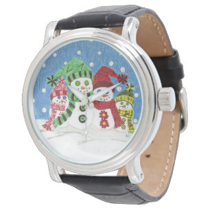 Snowmen family men black vintage leather watch