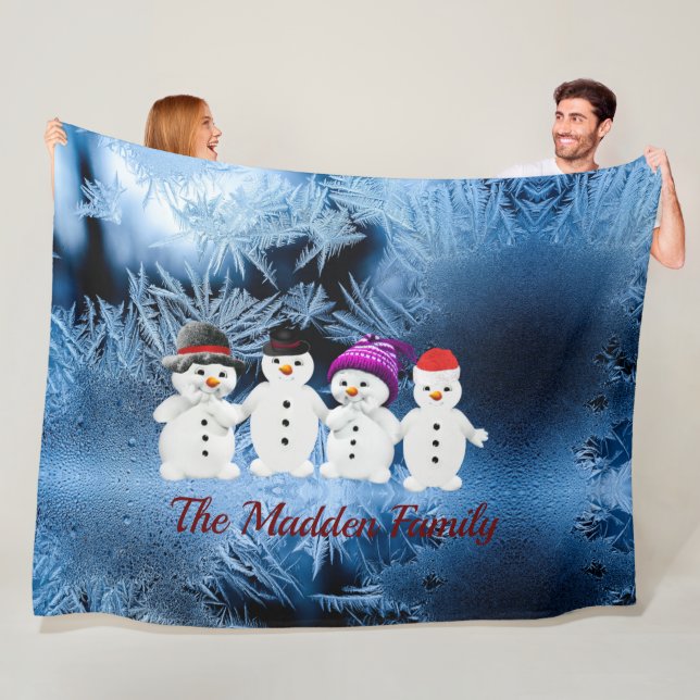 Snowmen Family of Four Personalized Fleece Blanket (In Situ)