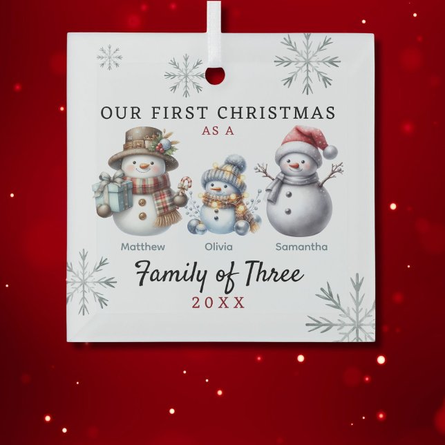 Snowmen Family of Three First Christmas Glass Ornament (Creator Uploaded)