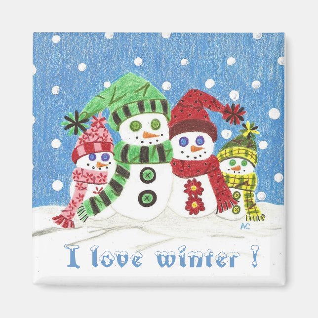 Snowmen family refrigerator magnet . (Front)