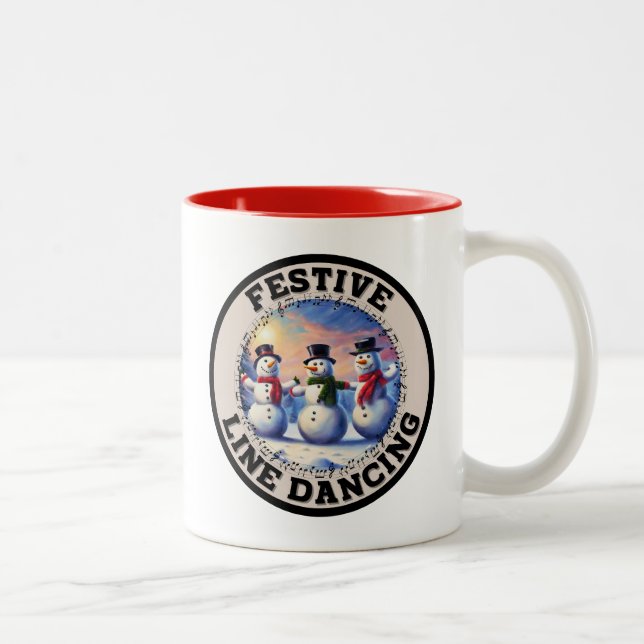 Snowmen Festive Line Dancing Two-Tone Coffee Mug (Right)