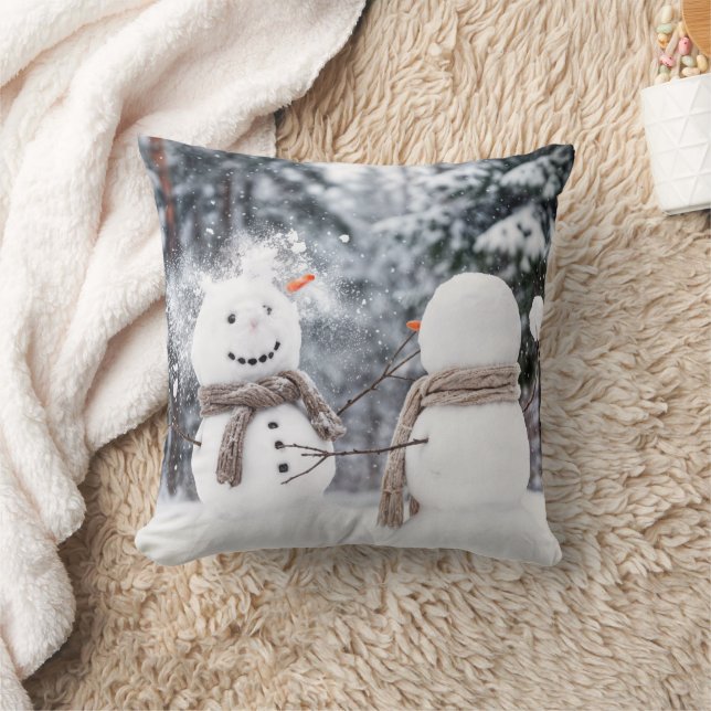 Snowmen Having a Snowball Fight Throw Pillow (Blanket)