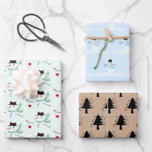 Snowmen Hearts Curly Trees Wrapping Paper Sheets