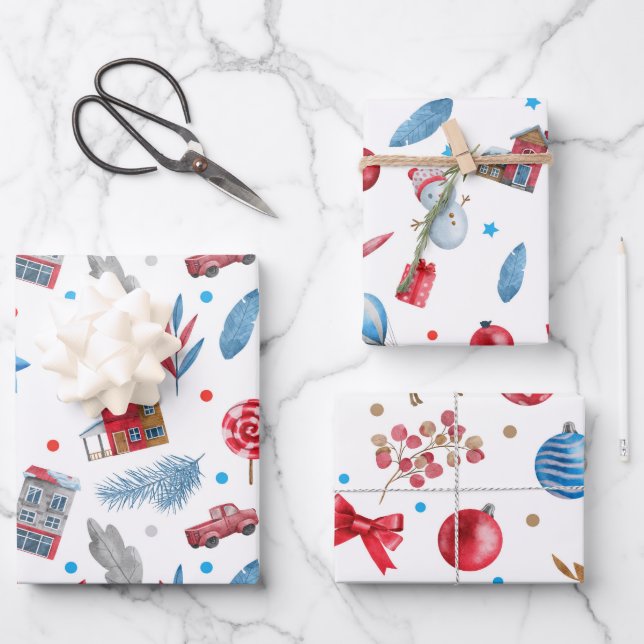 SNOWMEN, HOLIDAY HOUSES, CHRISTMAS ORNAMENTS, BOWS WRAPPING PAPER SHEETS (Front)