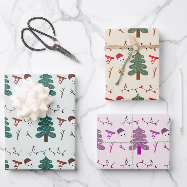 Snowmen Holiday Lights Christmas Trees Christmas Wrapping Paper Sheets (Front)