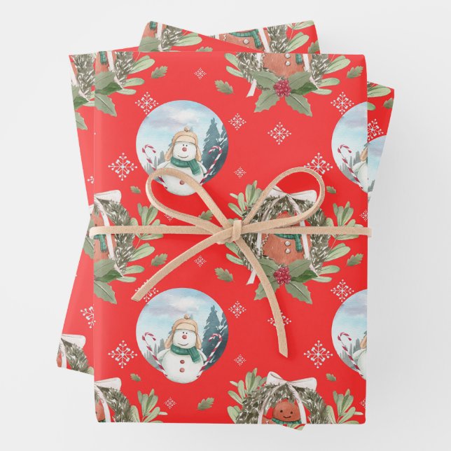 Snowmen, Holiday Wreath Festive Christmas Red Wrapping Paper Sheets (In situ)