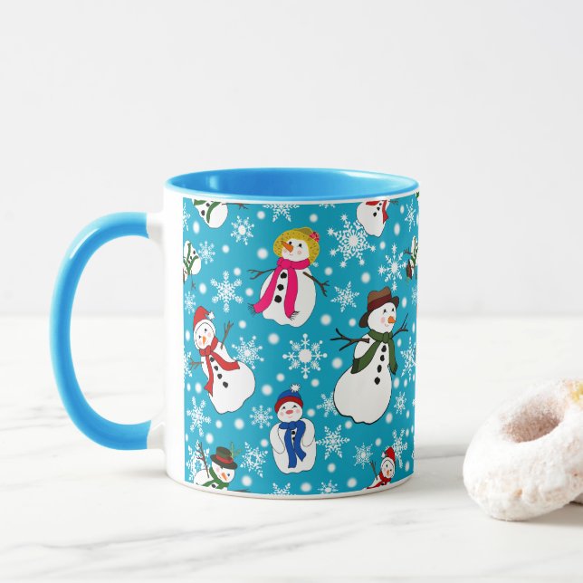 Snowmen in hats patterned mug (With Donut)