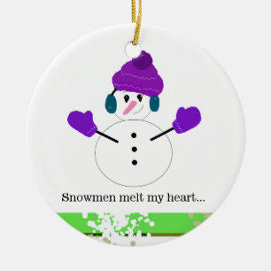 Snowmen In Purple Melt My Heart Ceramic Ornament