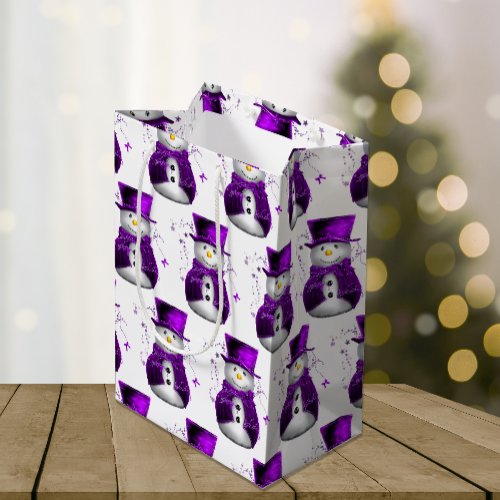 Snowmen in Purple Velvet Elegant Christmas Medium Gift Bag