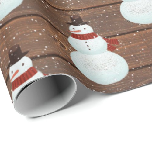 Snowmen In Snowflakes On Wood Wrapping Paper