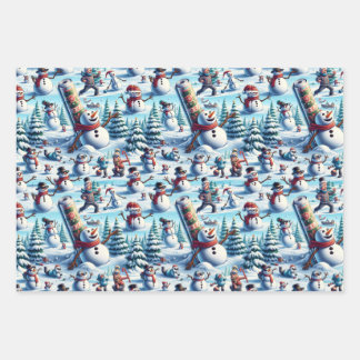 Snowmen in Various Amusing Scenarios Wrapping Paper Sheets