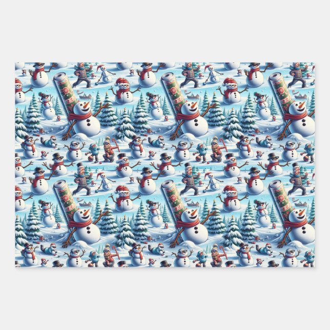 Snowmen in Various Amusing Scenarios Wrapping Paper Sheets (Front)